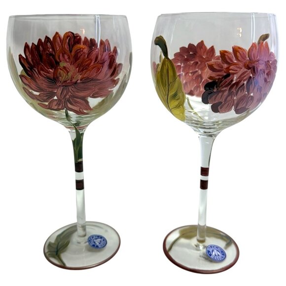 2 BLOCK Basics Hand Painted Floral Balloon Wine Goblets Glass Mum Chrysanthemum - Picture 8 of 8